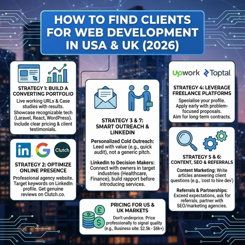 How to Find Web Development Clients in the USA and UK (2026) — 7 Proven Strategies