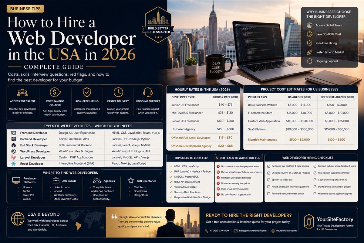 How to Hire a Web Developer in the USA (2026) — Rates, Vetting & Red Flags